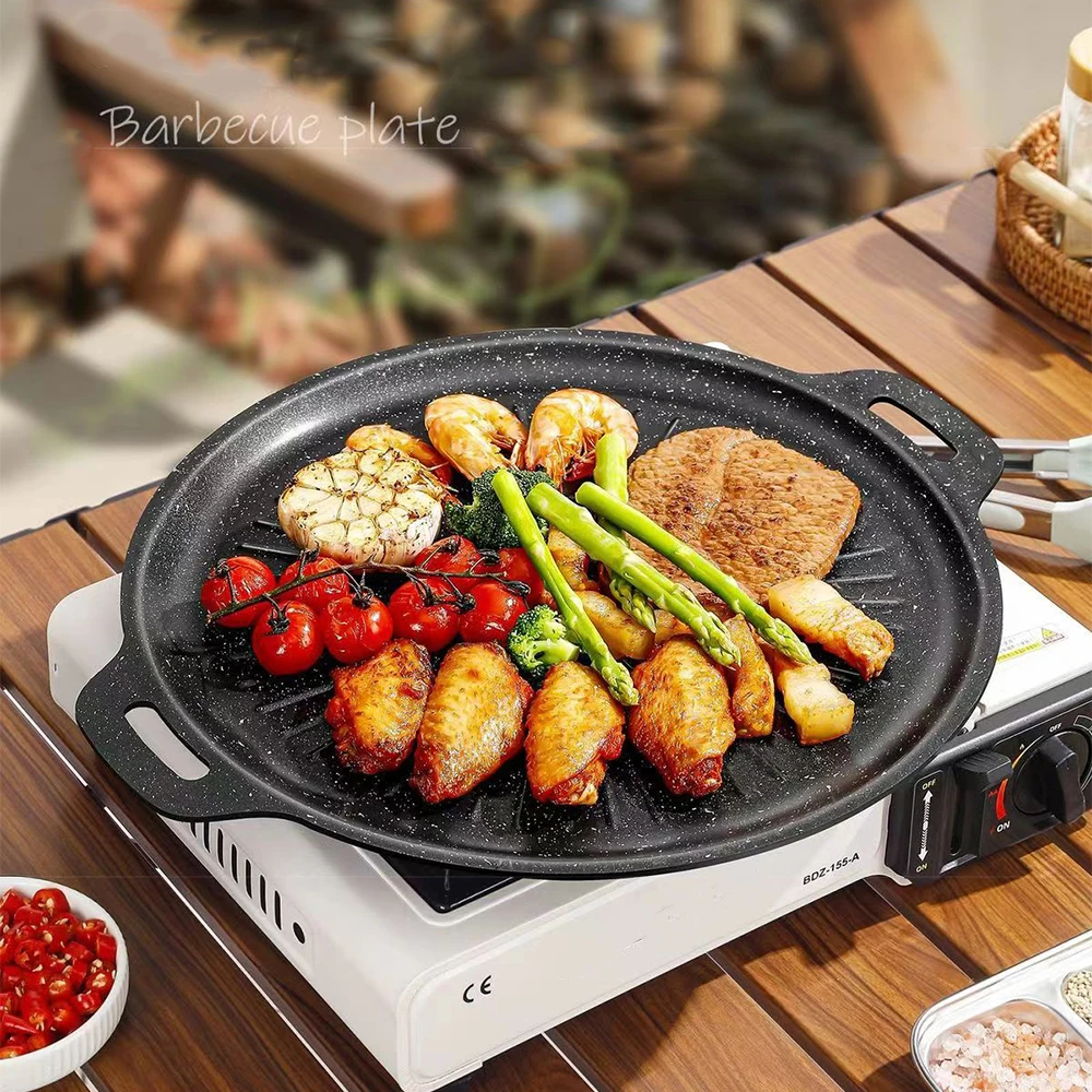 Korean Bbq Grill - กระทะย่างบาร์บีคิวกลางแจ้งขนาด 34 ซม. ถาดอบแบบไม่ติดกระทะ กระทะย่างสไตล์เกาหลี กระทะสำหรับตั้งแคมป์