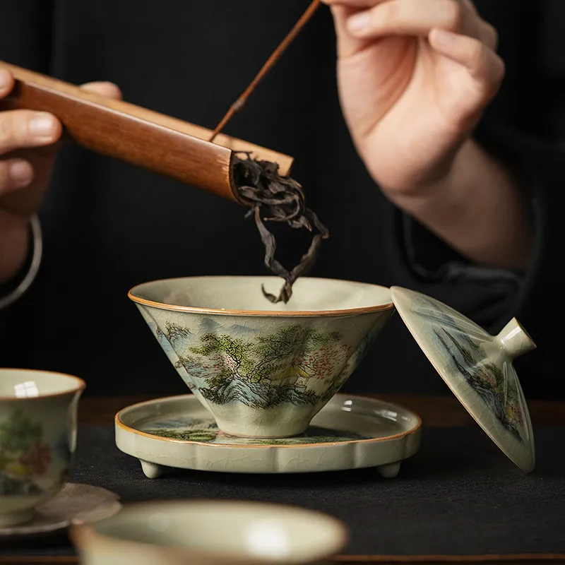 Celadon Ceramic Cup - ถ้วยชาเซรามิกจิ่งเต๋อเจิ้นพร้อมฝาไม้ไผ่ ชุดน้ำชาทำมือแบบดั้งเดิม ถ้วยเดี่ยว ชุดน้ำชากังฟูพร้อมฝาปิด ซานไค เกวียน