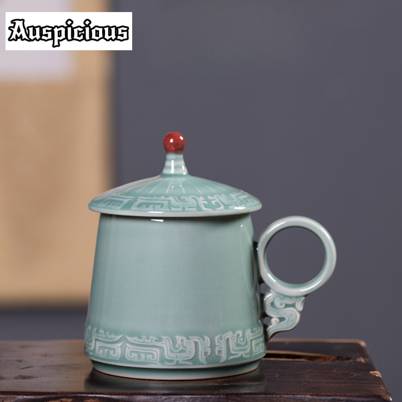 Celadon Ceramic Cup - แก้วกาแฟลายเซลาดอนสีบรอนซ์หลงฉวน 395 มล. แก้วกาแฟโบราณ แก้วน้ำชายามบ่าย แก้วน้ำสำหรับสำนักงาน