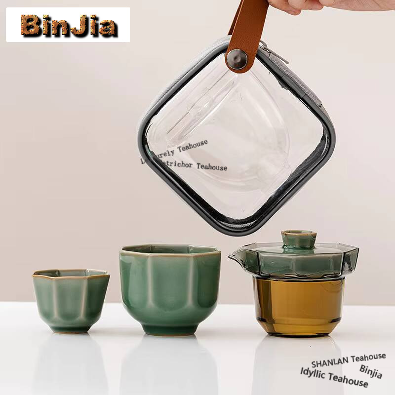 Celadon Ceramic Cup - Yue ชุดน้ำชาสำหรับแขกแบบพกพาสำหรับเดินทาง, ชุดน้ำชาบูติกถ้วย1ใบหม้อ3ถ้วยอุปกรณ์ทำชาแก้วของขวัญกระเป๋าถือกลางแจ้ง