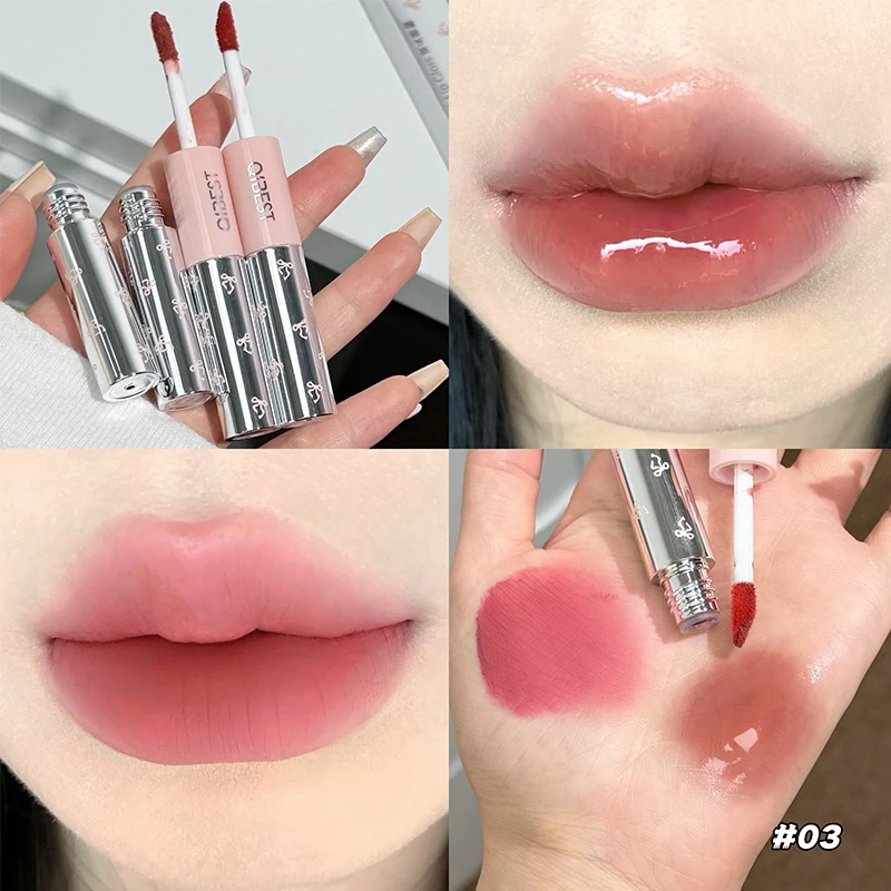Lip Tint Korean - ลิปสติกเนื้อแมทแบบสองหัว QIBEST และลิปกลอสเนื้อฉ่ำ สีติดทนนาน สีนู้ดส้ม ลิปกลอสเกาหลี