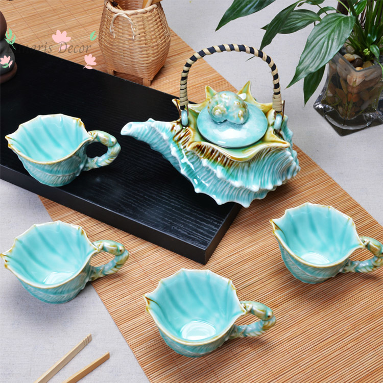 Celadon Ceramic Cup - ชุดกาน้ำชาเซรามิกแบบครบชุด, ชุดเซลาดอน, ชุดน้ำชาหรูหรา, ถ้วยชาขนาดใหญ่, ถ้วยชาสี่ใบในกาน้ำชาหนึ่งใบ