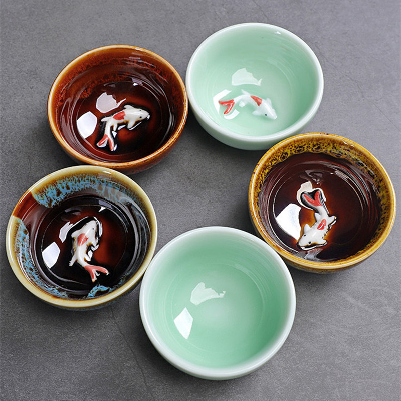 Celadon Ceramic Cup - ถ้วยน้ำชาน่ารักลายปลาศิลาดลถ้วยชากังฟูจีนโฮมออฟฟิศชุด3ชิ้น