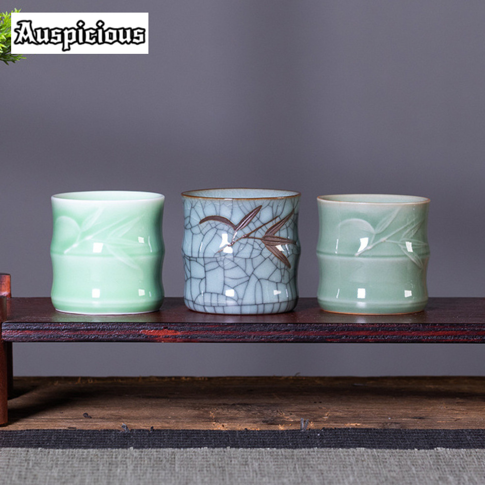 Celadon Ceramic Cup - ถ้วยน้ำชาเซรามิกรูปใบไผ่สุดสร้างสรรค์ขนาด70มล. ถ้วยน้ำชาจีนทำมือถ้วยหลักถ้วยน้ำชาส่วนตัวงานฝีมือ